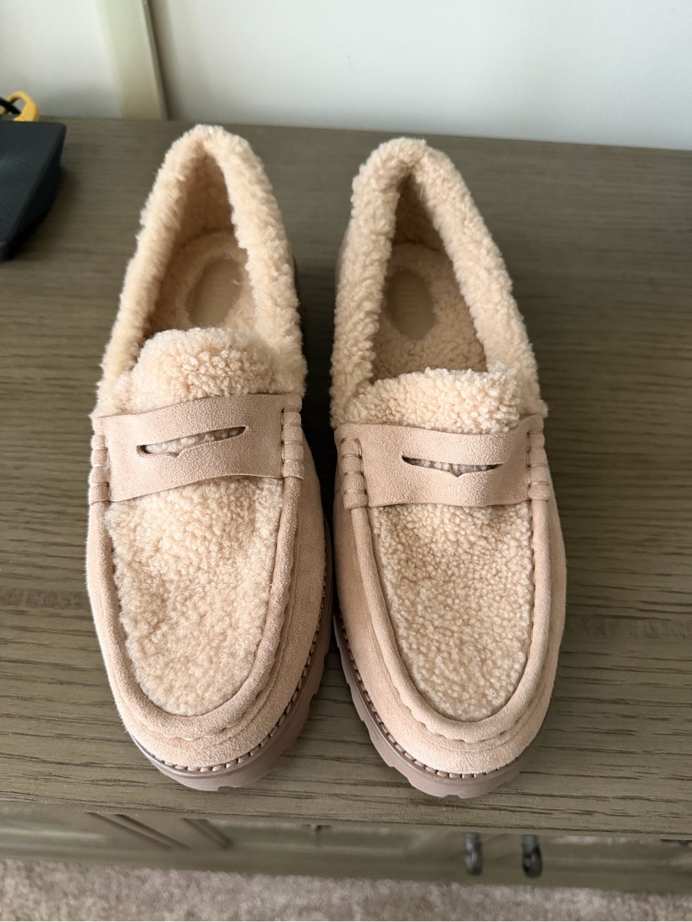 PAIGE Women's Shearling-Trim Penny Loafers in Light Beige